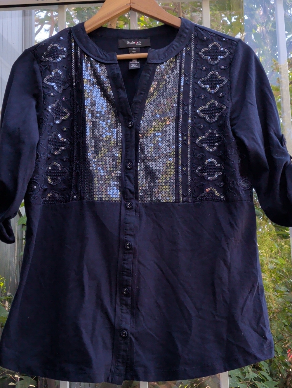 Style & Co. Black Sequin Embellished Button-Front Blouse